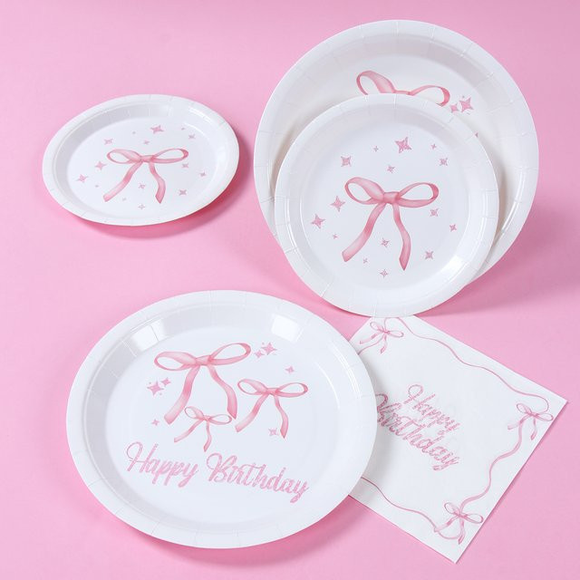 Huiran Einweggeschirr Set mit Rosa Schleifen für Geburtstag und Babyparty, bestehend aus Papptellern, Tassen und Servietten, Farbe: Pink - Bild 1
