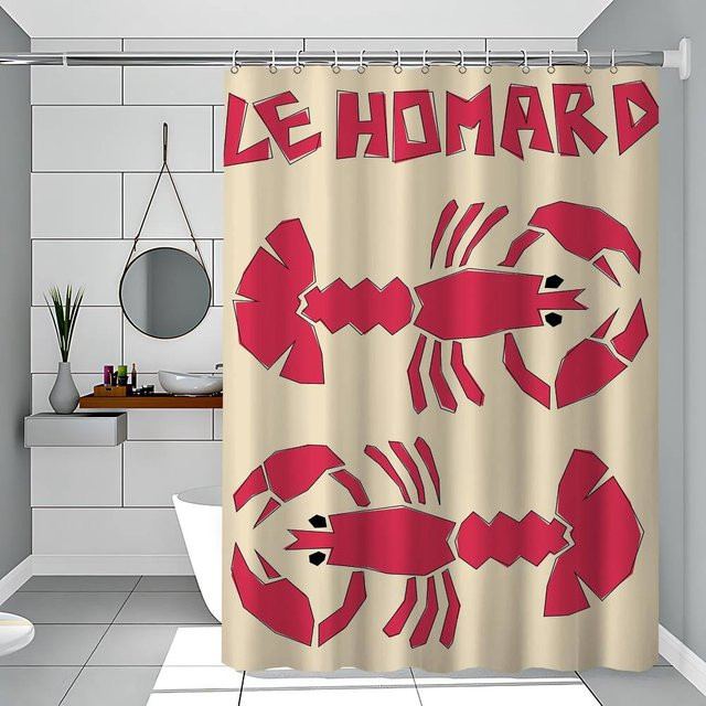 Duschvorhang Supermarket GO Retro Design mit Fischmotiven in Blau, Rot und Beige, B: 90 cm, H: 180 cm - Bild 1