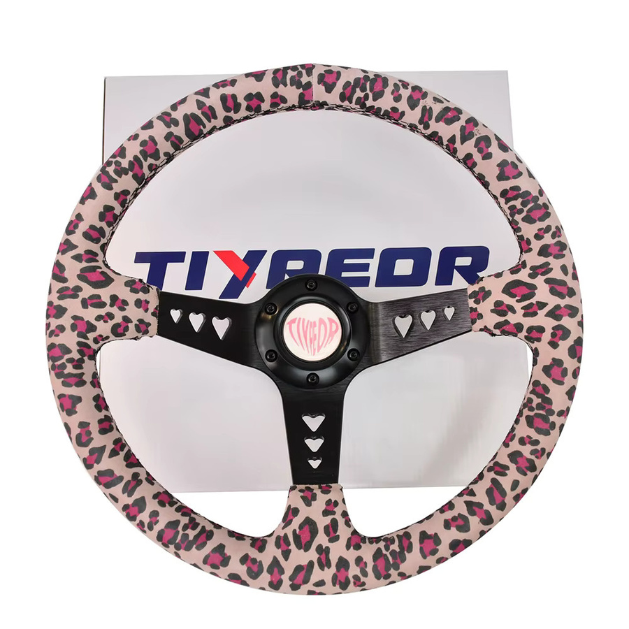 TIYPEOR Sportlenkrad mit Herz-Rosa Leopardenmuster und Herz-Ausschnitt, 6-Loch-Design, Durchmesser: 350 mm - Bild 3