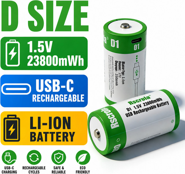 Rscrola Wiederaufladbarer USB-C Lithium-Ionen-Akku D-Größe, 1,5 V, 23800 mWh - Bild 1