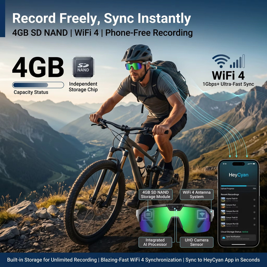 GUHUAVMI Smarte Brille mit 4K HD Anti-Shake-Kamera, 3D-Stereo-Lautsprechern und Bluetooth in Schwarz mit polarisiertem UV400 Schutz für Outdoor-Videos und KI-Funktionen - Bild 4