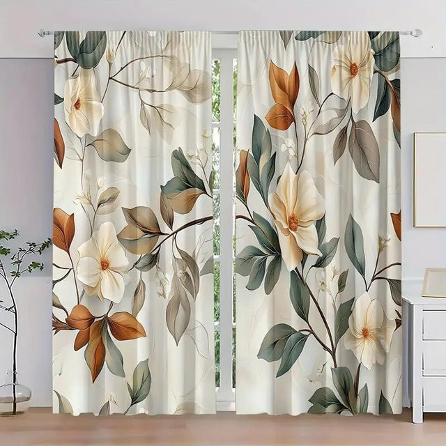 2er-Set Vorhänge von Yiran Furniture mit buntem Blumen- und Blättermuster, halbtransparent, Mehrfarbig, B: 60 cm, H: 150 cm - Bild 1