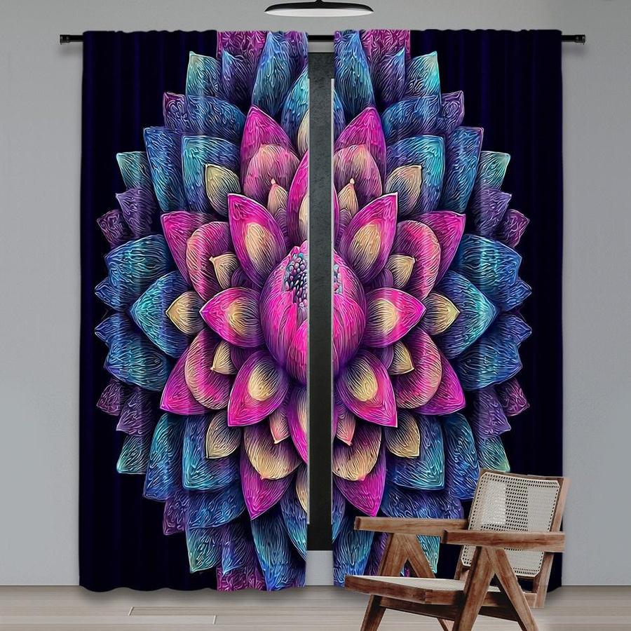 Tonnika Chen Vorhang-Set mit floralem Lotus-Motiv aus Polyester, blickdicht, Multicolor, B: 100 cm, H: 70 cm, 2 Stück - Bild 3