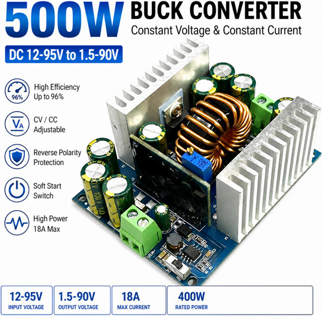 Gaqqee 500 W Step-Down-Leistungsmodul DC 12–95 V auf 1,5–90 V, 18 A Konstantspannung/Konstantstrom-Abwärtswandler als LED-Treiber, multicolour - Bild 1