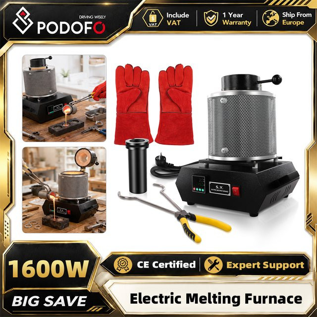 Podofo Elektrischer Goldschmelzofen 1600W in Schwarz mit Graphittiegel für Gold, Silber, Kupfer und Aluminium bis 2102 °C - Bild 1