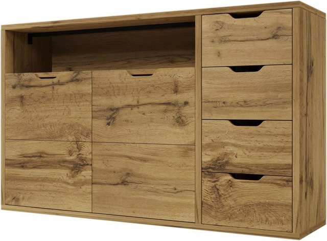 Merax Sideboard in Eiche Braun mit 4 Schubladen, Modernes Wohnzimmer-Sideboard, B/T/H: 150 x 40 x 90 cm - Bild 1