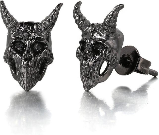 Ohrstecker Dämon Satan Widder Schädel, Kupfer, Silber, Unisex - Bild 1