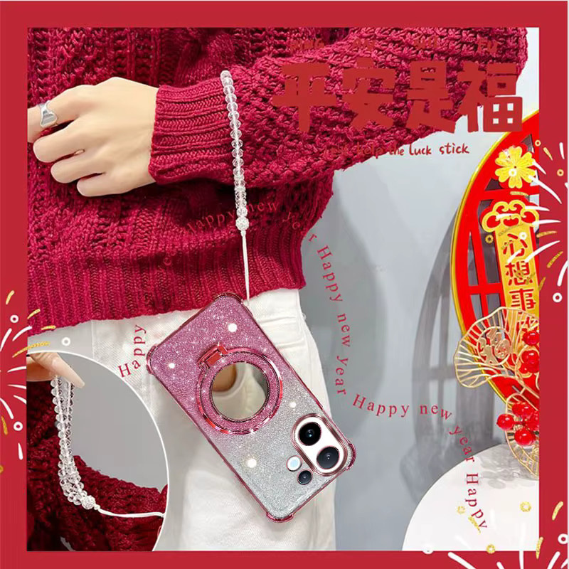 Glitzernde und stoßfeste Handyhülle für Vivo X200 Fe Y05 Y11D 4G mit Spiegelständer und Perlenband in Pink - Bild 3