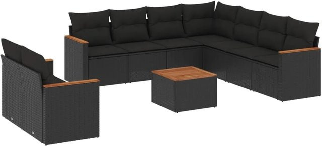 vidaXL 10-tlg Garten-Sofagarnitur in L-Form aus Polyrattan und Akazienholz mit Kissen in Schwarz - Bild 1