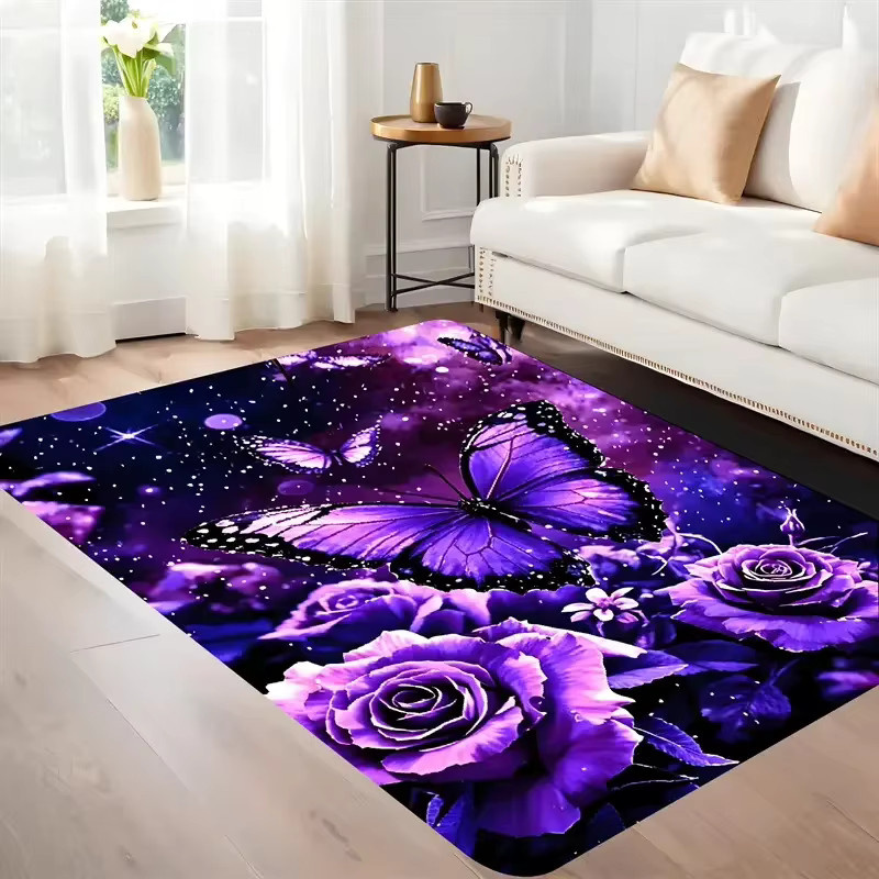 VIKAMA Teppich mit Schmetterlings- und Blumenmuster in Lila, rutschfester und weicher Flanell-Bodenmatte für Wohnzimmer, Schlafzimmer oder Arbeitszimmer - Bild 3