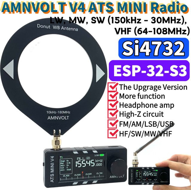 AMNVOLT V4 ATS MINI Si4732 DSP-Radio mit 1,9 Zoll IPS-Bildschirm, Allband-Radio für AM, FM, LSB, USB in Schwarz - Bild 1