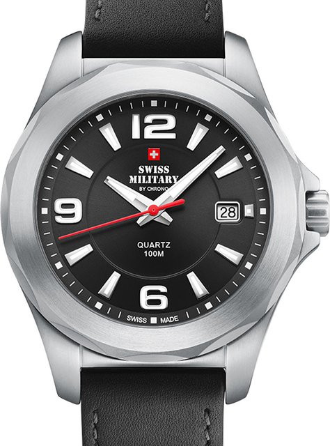 Swiss Military Armbanduhr, Quarz, Edelstahl, Leder, Schwarz, 42 mm, Herren - Bild 1