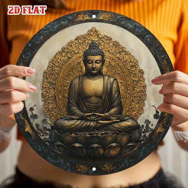 HELLOYOUNG Vintage Buddha Metallschild Gold, Rundes Aluminium-Wandschild für Meditation und Dekoration, Durchmesser: 20 cm - Bild 1