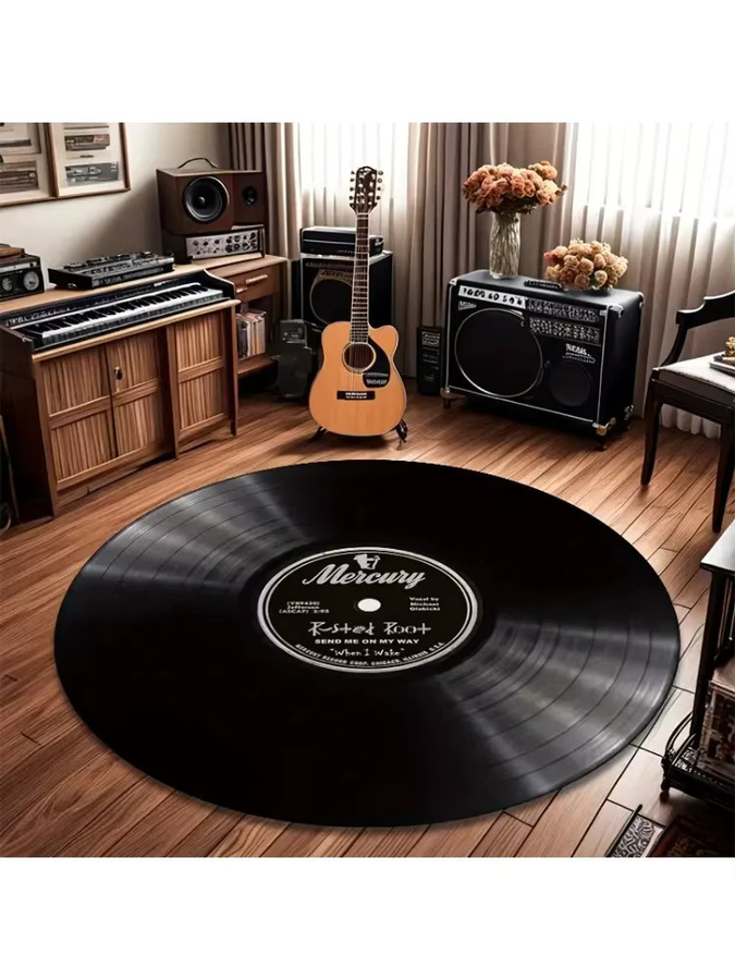 VIKAMA Vintage-Schallplatten-Bodenmatte, rutschfest und schmutzabweisend, Schwarz, für Wohnzimmer und Schlafzimmer - Bild 3