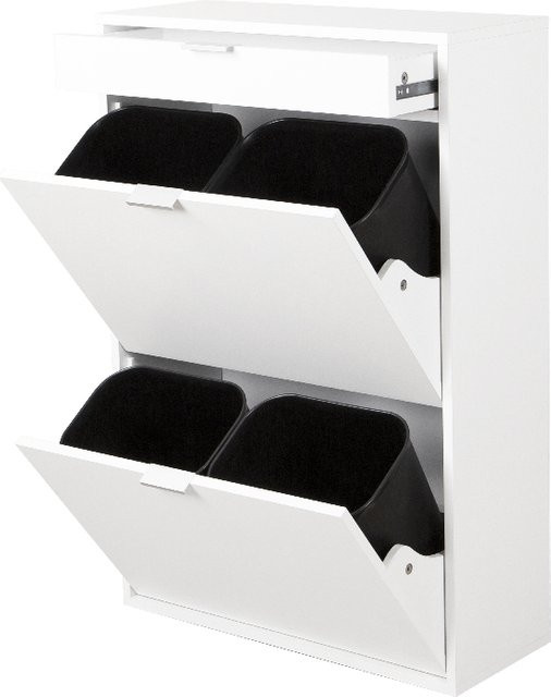 HappyHome Mülleimerschrank mit Schublade und 4 Abfalleimern in Weiß, B/T/H: 62 x 25 x 90 cm - Bild 1