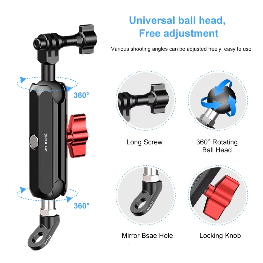 PULUZ Motorrad-Rückspiegelhalterung aus schwarzem CNC-Metall mit Magic Arm Rod Mount für GoPro, DJI und Actionkameras - Bild 3