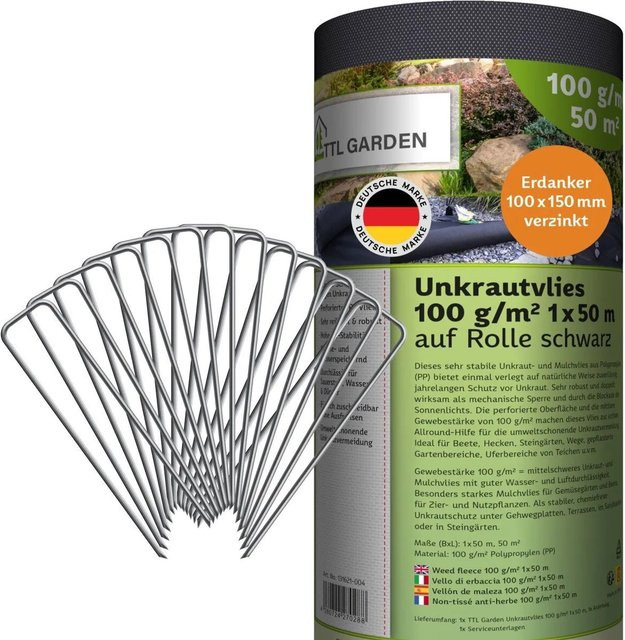 TTL GARDEN Unkrautvlies Schwarz 50 m² (1 x 50 m) mit 100 Erdankern 150 mm, UV-stabiles Mulchvlies 100 g/m² - Bild 1