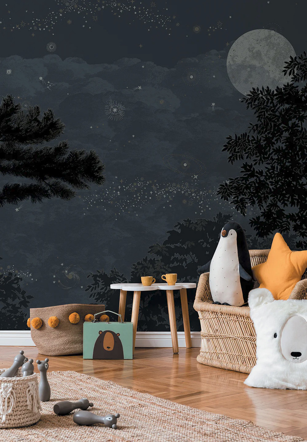 Isidore Leroy Mural Eclipse Nocturne Wandbild Panel A in Blau und Schwarz mit abstraktem Design - Bild 1