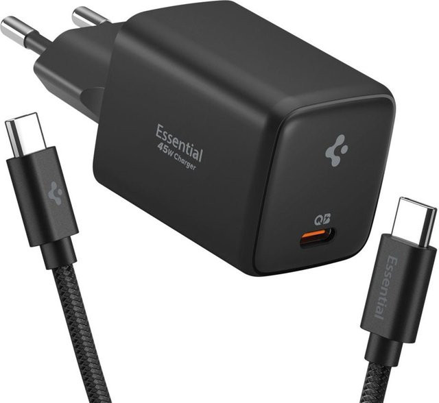 Spigen Essential Netzladegerät EE451EU mit USB-C Kabel, 45W, 3A, 1 x USB-C, Schwarz - Bild 1