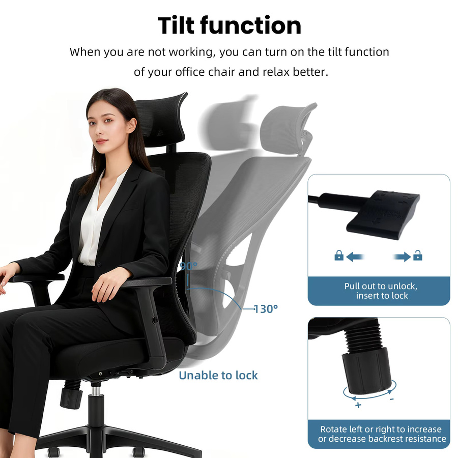Durrafy Ergonomischer Bürostuhl in Schwarz mit Lordosenstütze und Kopfstütze, moderner Drehstuhl aus Stoff - Bild 5