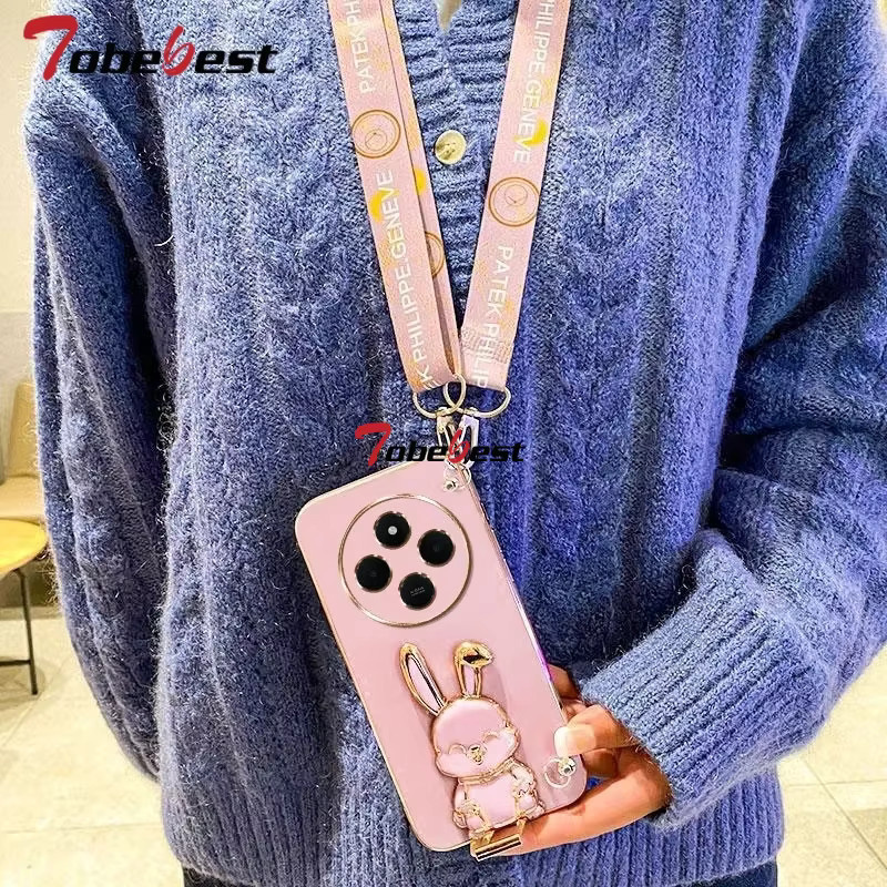 Silikonhülle mit Lanyard und Kaninchen-Halterung für Xiaomi Redmi 14 Pro und 14C 5G in Schwarz - Bild 2