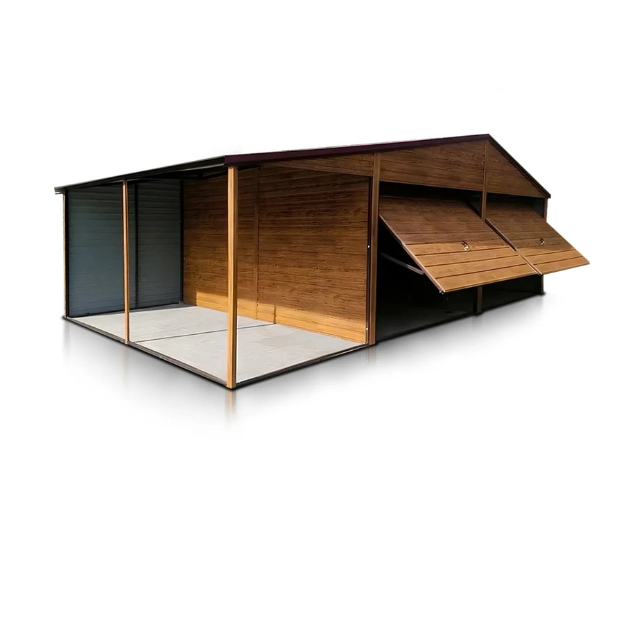 Liderstal Doppelgarage Premium aus Trapezprofilblech in Holzoptik Braun mit Schwingtor und asymmetrischem Giebel B: 600 cm, T: 500 cm, H: 290 cm - Bild 2