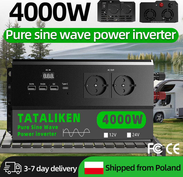 TATALIKEN Pro Series Sinuswellen-Wechselrichter 12V/24V auf 220V 50Hz mit 4 EU-Steckdosen, USB-C und Display, Schwarz - Bild 1
