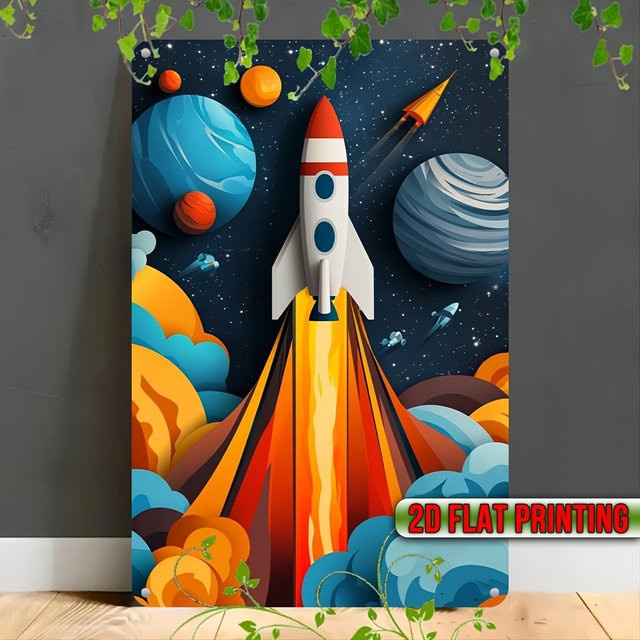 CIFBUY Aluminium Wandkunst-Schild Weltraum mit Rakete und Planeten, Mehrfarbig, Breite: 30,48 cm, Höhe: 20,32 cm - Bild 1