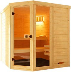 WEKA Massivholzsauna Laukkala 3 für 6 Personen in Braun inklusive 7,5 kW Ofen mit externer Steuerung und BioS Saunaleuchtenset - Bild 1