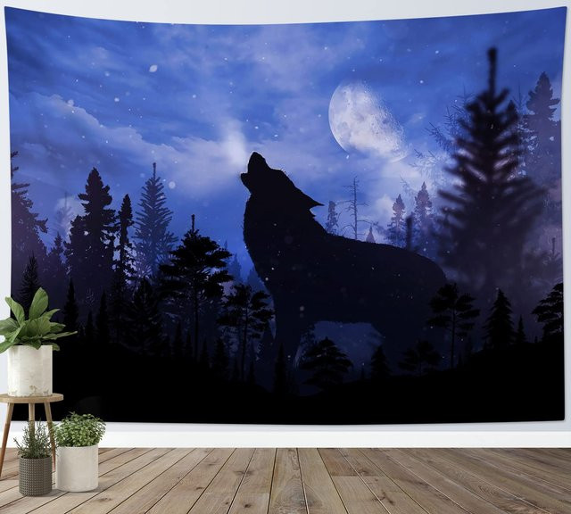 Wolf Wandbehang Wildtier Wandteppich mit heulenden Wölfen in Winter-Schneeszene von JMG Household Supplies, Farbe: Blau, B/H: 200 x 180 cm - Bild 1