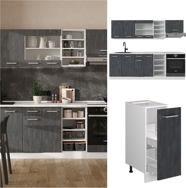Vicco R-Line Küchenzeile in Schwarz, Beton und Weiß mit einer Breite von 240 cm ohne Arbeitsplatte - Bild 1