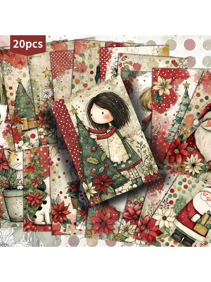 20er-Pack Vintage Weihnachtsmann-Papierpostkarten mit gepunktetem Design in Rot und Multicolour für Junk Journals und Partydekoration - Bild 3