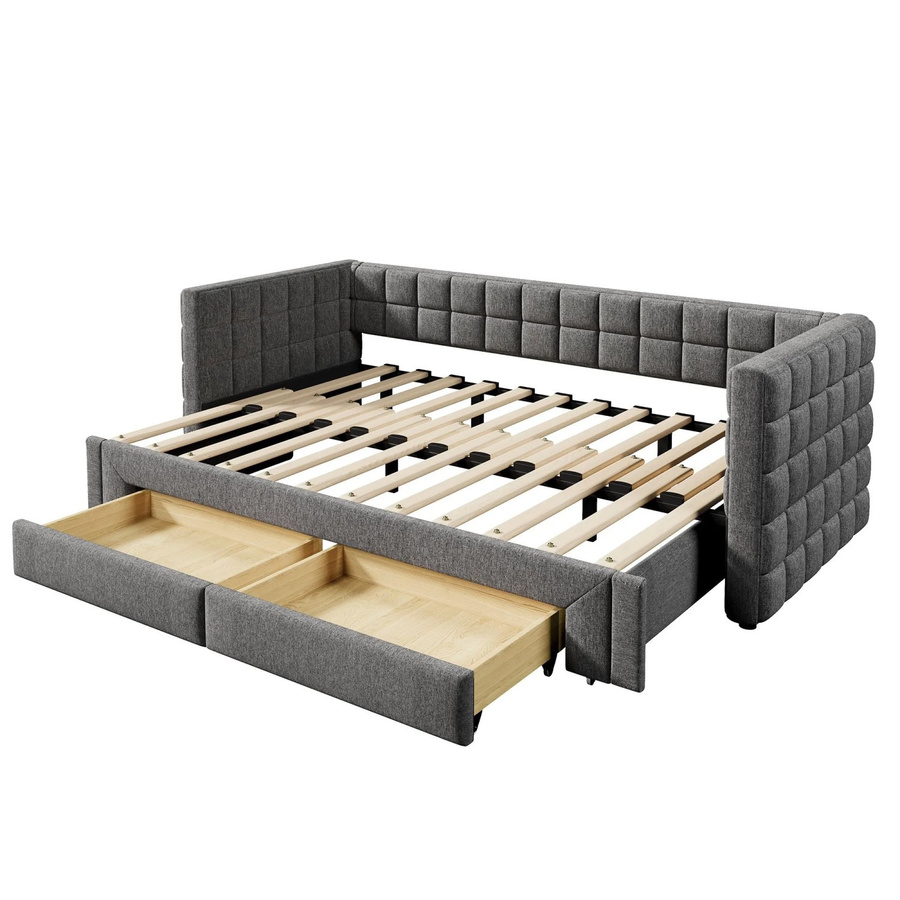 KOMHTOM Tagesbett als Sofabett in Grau mit quadratischer Rückenlehne, ausziehbarem Bett und 2 Schubladen, Samtbezug, B/T/H: 200 x 90 x 74 cm - Bild 2