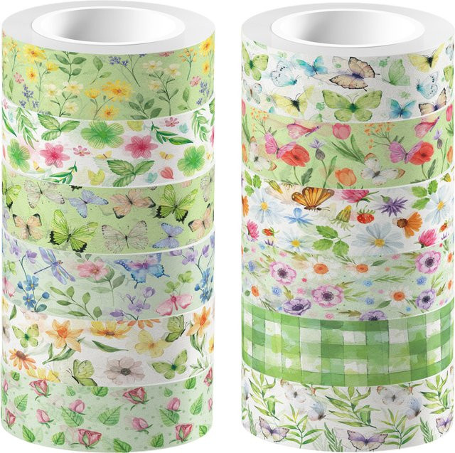 12 Rollen Washi-Tape mit Frühlings-Blumen- und Schmetterlingsmustern in Multicolour für DIY-Handwerk und Scrapbooking - Bild 1
