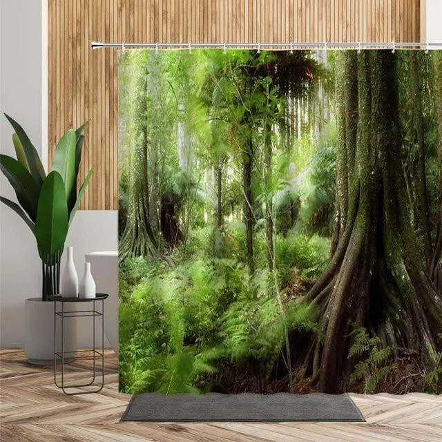 Wasserdichter 3D-Duschvorhang von Dunika Chen mit tropischem Wald-Motiv in Grün, B/H: 120 x 180 cm - Bild 1