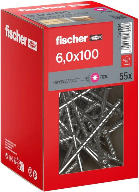 Fischer PowerFast II A2 Senkkopf Torx Teilgewinde Schraube aus Edelstahl in Silber, Durchmesser: 6 mm, Länge: 100 mm, 55 Stück - Bild 1