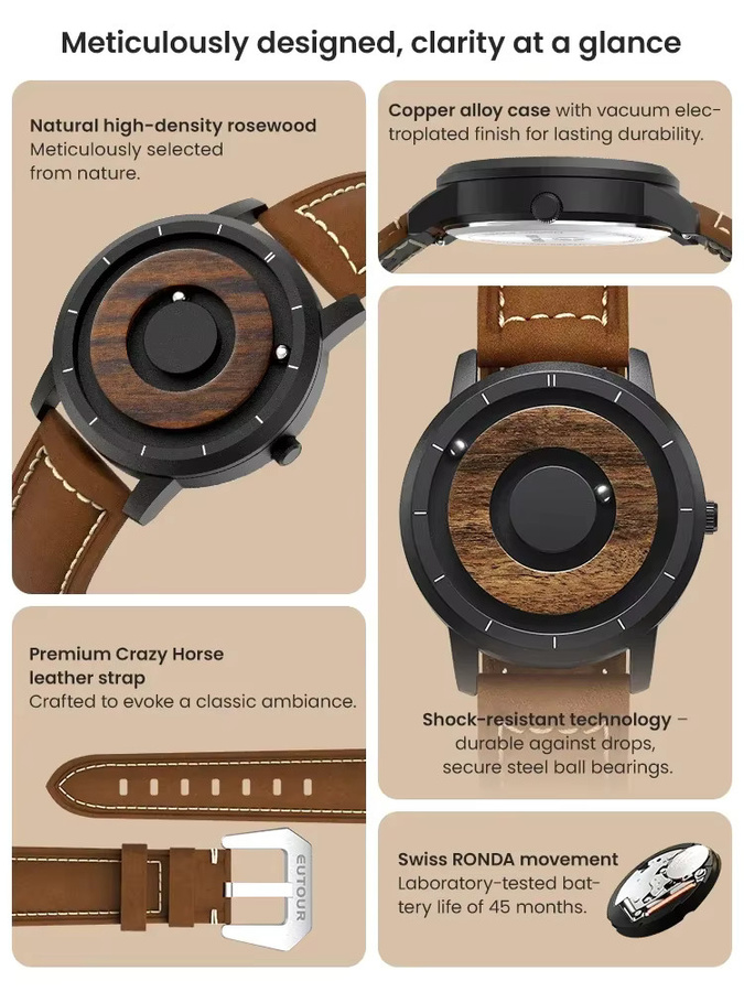 EUTOUR Armbanduhr, Quarz, Edelstahl, Leder, Schwarz, Herren - Bild 5