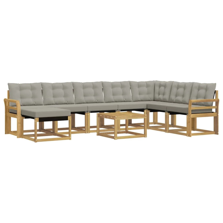 vidaXL Outdoor-Sofagarnitur 9-tlg. in L-Form aus Akazienholz mit Textilene und Kissen, Weiß-Hellgrau - Bild 2