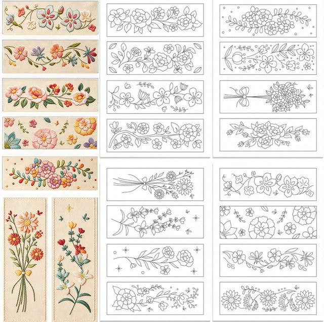 Selbstklebende Vlies-Stickaufkleber mit Blumenmuster und wasserlöslichem Stabilisator für DIY-Stickprojekte - Bild 1