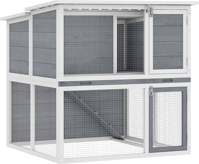 PawHut Hasenstall aus Holz mit 2 Etagen und Freilaufgehege, wetterfestes Kaninchengehege für Outdoor, Grau, B/T/H: 98 x 95 x 102,5 cm - Bild 1