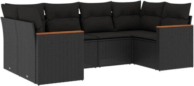 vidaXL 6-teilige Garten-Sofagarnitur in L-Form aus Poly-Rattan und Akazienholz mit Kissen in Schwarz - Bild 1