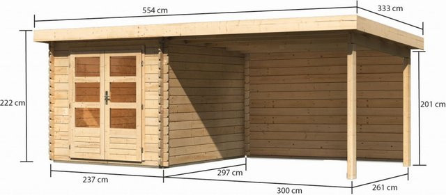 Gartenhaus Holz BASTRUP 4 in Naturbelassen mit Anbaudach und Rückwand, Blockbohlenhaus mit 28 mm Wandstärke, B/T: 237 x 297 cm - Bild 1