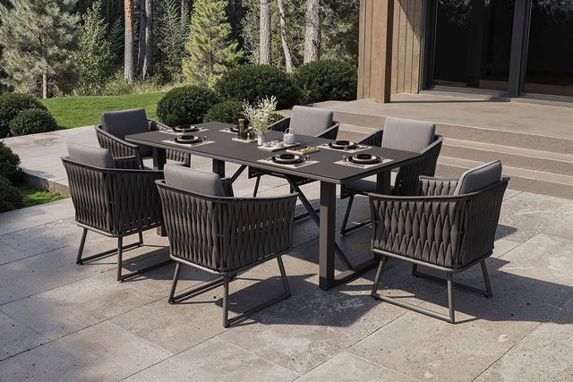 OUTFLEXX Oranger Blossom Garten-Essgruppe in Anthrazit, 7-teiliges Set aus Aluminium und XL Geflecht mit Keramikglas-Tisch und Sitz- sowie Rückenkissen, Tisch B: 200 cm, T: 90 cm, H: 76 cm - Bild 1