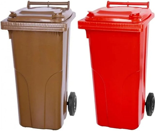 PROREGAL SuperSparSet 2x 2-Rad-Mülltonne aus HDPE-Kunststoff, 120 Liter, Braun und Rot - Bild 1