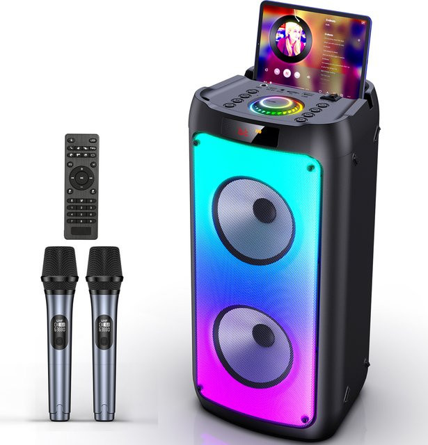 FanFun Kabelloser Bluetooth-Lautsprecher als Karaoke-Maschine mit 2 Mikrofonen und LED-Licht für deine Party zu Hause - Bild 1