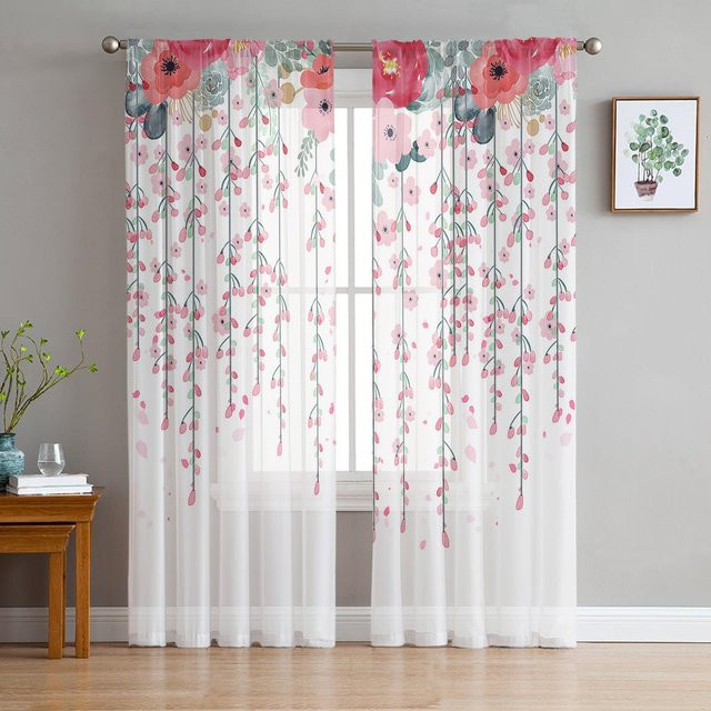 Super Six Voile-Vorhang mit floralem Blumenmuster in Rot und Rosa, transparent, B/H: 135 x 114 cm - Bild 1