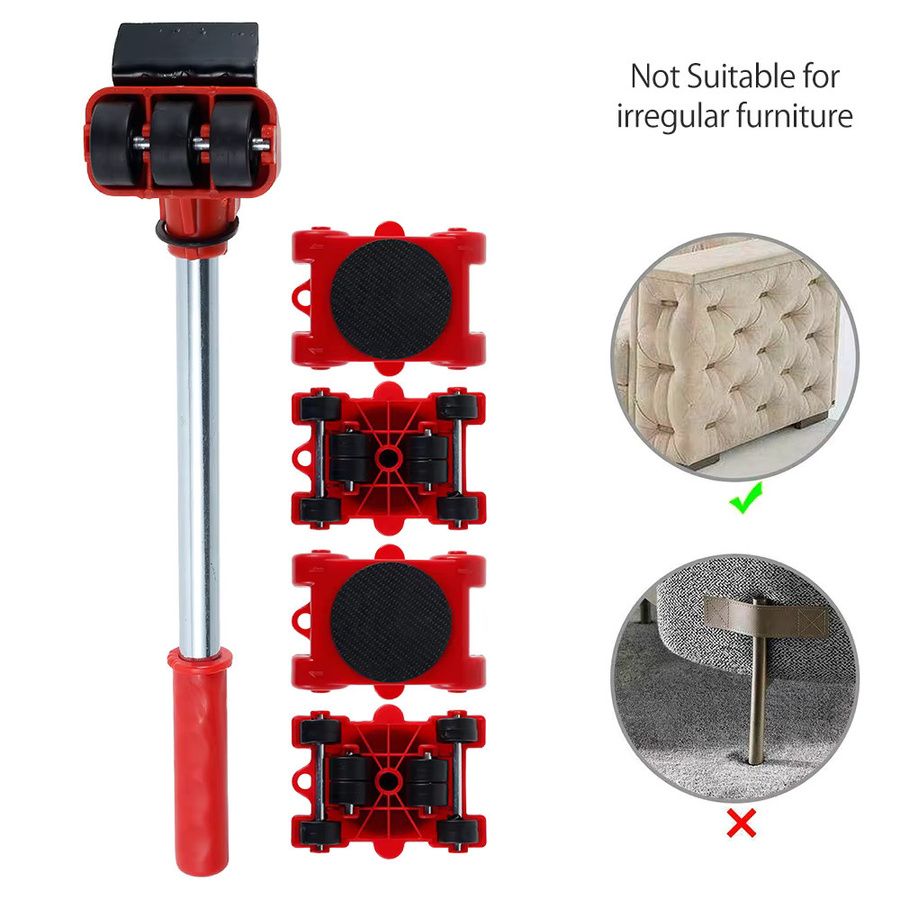5-teiliges Möbelheber-Mover-Roller Set mit Radstange in Rot zum Bewegen von Geräten und Möbeln - Bild 3