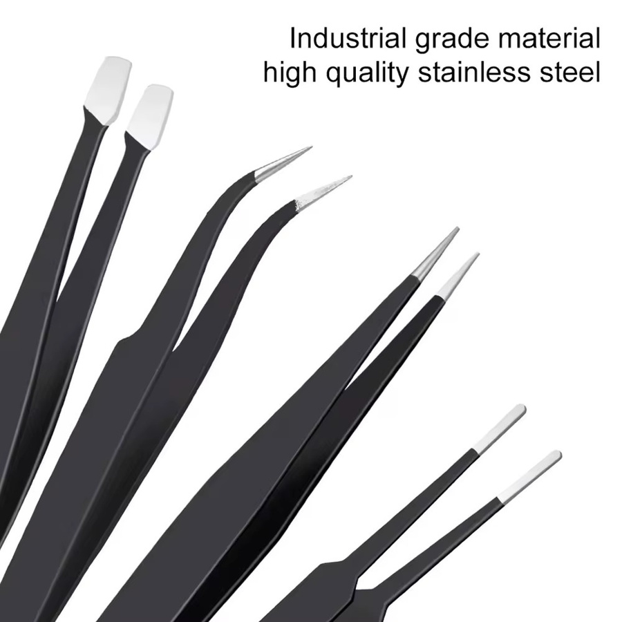 NEWBEAT 10-teiliges ESD Präzisions-Pinzettenset aus Edelstahl in Schwarz mit gebogenen und geraden Spitzen für industrielle Reparaturen - Bild 2