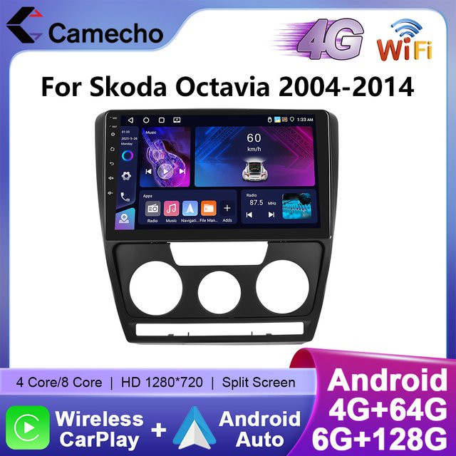 Camecho 2Din Autoradio mit Wireless Carplay und Android Auto für Skoda Octavia 2004-2014 in Schwarz mit GPS, Bluetooth, Wi-Fi und RDS Multimedia Player - Bild 1