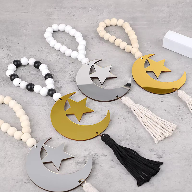 ZQNYCY Islamischer Holzperlen-Anhänger mit Mond-Stern-Ornament und Quaste in Gold für Ramadan und Eid Mubarak - Bild 2
